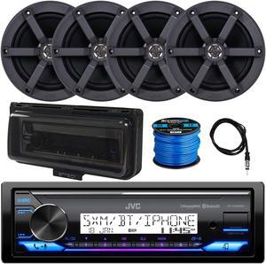 JVC in-Dash Marine Bluetooth USB/AUX Stereo Digital Media Receiver Bundle Combo with 4X 6.5 100 Watt Peak Power Boat Black Speakers, Dash Protector, 40" Antenna, Speaker Wire