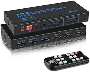 4K@60Hz HDMI Matrix Switch 4X2 with ARC, avedio links 4 in 2 Out Matrix HDMI Video Switcher Splitter + Optical & 3.5mm Stereo Audio, Scaler 4K 1080P Synch, HDMI Audio Extractor with IR Remote Control