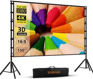 Projector Screen and Stand,Towond 150 inch Indoor Outdoor Projection Screen, Portable 16:9 4K HD Rear Front Movie Screen with Carry Bag Wrinkle-Free Design for Home Theater Backyard Cinema