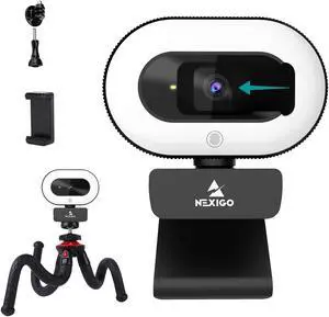 NexiGo 1080P Streaming Webcam with Mini Tripod Kits, 2021 N930E AutoFocus Web Camera with Ring Light and Privacy Cover, Flexible Camera Tripod Stand, for Zoom/Skype/Teams, MAC PC