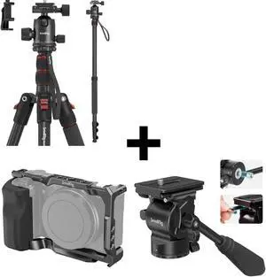 Bundle: SmallRig 71" Camera Tripod with Tripod Fluid Head Pan Tilt Head and ZV-E10 Cage