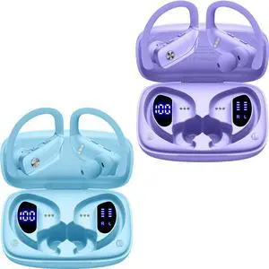 bmani 2 Sets Wireless Earbuds Bluetooth Headphones 48hrs Play Back Sport Earphones with LED Display Over-Ear Buds with Earhooks Built-in Mic Headset for Workout Sky Blue+Purple