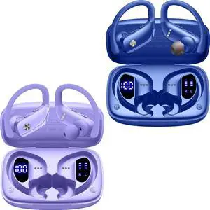 bmani 2 Sets Wireless Earbuds Bluetooth Headphones 48hrs Play Back Sport Earphones with LED Display Over-Ear Buds with Earhooks Built-in Mic Headset for Workout Purple+Blue