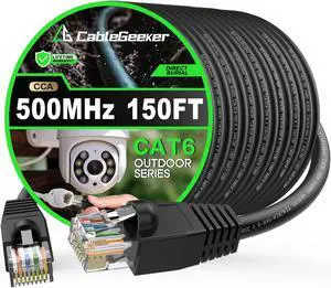 CableGeeker Cat6 Outdoor Ethernet Cable 150 ft CCA Copper Clad, Heavy Duty Internet Network Cable, Direct Burial, Waterproof, In-Ground, POE, UV Jacket, 24AWG Cat 6 RJ45 Patch Cable - 150ft, Black