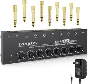 COKYISS Headphone Amplifier,8 Channel Stereo Headphone Amp,Portable Metal Earphone Splitter,with Built-in Equalizer,w/8 1/4" TRS Headphones Output and 1/4' TRS Audio Input for Sound Mixer