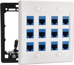 DIYTECH Ethernet Wall Plate - 12 Port RJ45 Cat6 Ethernet Wall Outlet, Female to Female Cat6 Wall Jack Keystone, Ethernet Plug in Wall Outlet, for Network Outlet Setup - White