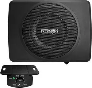 DR DOUBLE ROCK CB08 8 inch Slim Under Seat Car Subwoofer Car Audio Powered 600 Watts Car Truck Audio Sub Built in Amplifier Active Slim Subwoofer new upgraded with Black Aluminum and Green LED