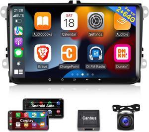 [2+64G] 9 inch Android 13 Car Radio for VW Passat Jetta Seat Golf Skoda Polo Tiguan Beetle, Touch Screen Volkswagen Stereo with CarPlay/Android Auto/Bluetooth/GPS/WiFi +AHD Backup Camera+MIC