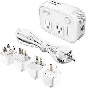 FOVAL Power Step Down 220V to 110V Travel Voltage Converter International Power Adapter for Hair Straightener/Curling Iron with 4-Port USB Charging US/UK/AU/IT/EU Universal Plug Adapter White