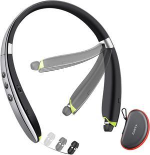 Bluetooth Headset, 2024 Upgraded Neckband Bluetooth Headphones with Retractable Earbuds, Noise Cancelling Stereo Earphones with Mic, Foldable Wireless Headphones for Sports Office with Carry Case