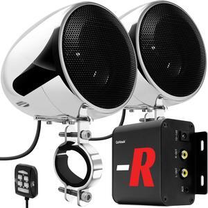 GoHawk TN4-R Amplifier 4" Full Range Waterproof Bluetooth Motorcycle Stereo Speakers 1 to 1.5 in. Handlebar Mount Audio Amp System Harley Touring Cruiser ATV UTV RZR, AUX, FM Radio (TN4-R Chrome)