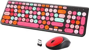 Wireless Keyboard and Mouse Combo, Retro Typewriter Wireless Keyboard with Round Keycaps, 2.4GHz Full-Size USB Cute Mouse for Desktop, Laptop and Computer (Black-Colorful)