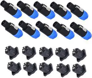 HBU 10 Sets (20 Packs) Speakon Plug Kit - 10pcs Pole SpeakON Connectors and 10pcs NL4MP Chassis Panel Mount Socket - Pro PA DJ NL4FC, NL4FX, NLT4X, NL4MPR Connector with Twist Lock