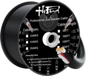 HiFind 14/2 Gauge Speaker Wire Cable 100 Ft-Tinned OFC Copper-UL CL3 Rated- Indoor/Outdoor-Pro Series 14 AWG-UV PVC Jacket&Cotton, Hi-Fi Sound for Car Audio,Home Theater Speakers,Stereos-Black