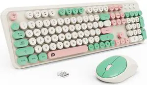 Keyboard and Mouse Wireless,2.4Ghz Retro Typewriter Style Round Keycap,Full Size Wireless Keyboard Mouse Combo,Cute Cordless Keyboard Mouse Set for PC Laptop Desktop Computer-Milk White Green Colorful