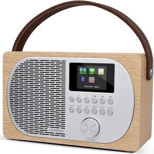 LEMEGA M2P Internet Radio Player,FM Radio Tuner, Bluetooth Speaker, Spotify Connect, Dual Alarms Clock, Kitchen/Sleep/Snooze Timer, Mains and Battery Powered,Colour Display, App Control-White Oak