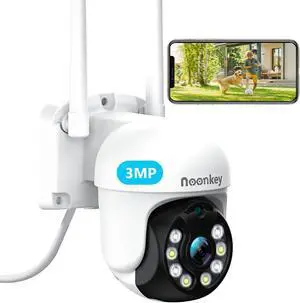 Noonkey 3MP 2K Security Camera Outdoor, 360degWaterproof, 24/7 Recording, Full Color Night Vision, Motion Detection and Siren, Auto Tracking, Wireless WiFi IP Surveillance Cameras for Home Security