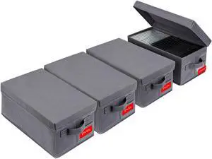 NUSWOR Upgrades DVD Storage Box - Perfect DVD Case Storage Solution, Stackable DVD Organizer with Lid, 4Pack DVD Holder 15.75 x 8.1 x 6.1 inches - Holds 100 DVDs - Grey