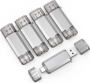 RAOYI 5 Pack 64GB USB C Flash Drive, 2 in 1 USB 3.0 Type C Dual OTG Metal Thumb Drive Jump Drive Memory Stick with Keychain Suitable for USB-C Smartphones, MacBook, Computers and Tablets (Silver)