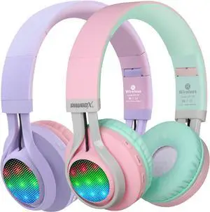 Riwbox 2 Packs WT-7S Kids Headphones Wireless, Foldable Stereo Bluetooth Headset with Mic Compatible with PC/Laptop/Tablet/iPad Purple&Pink