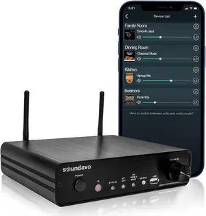 Soundavo NSA-250 Multi-Room Audio Streamer Amplifier 50W + 50W | Supports Airplay, DLNA, WiFi & Bluetooth | 24bit 192 kHz Hi-Fi Audio Streaming Integrated 2.1 Channel Amp for Home Speakers