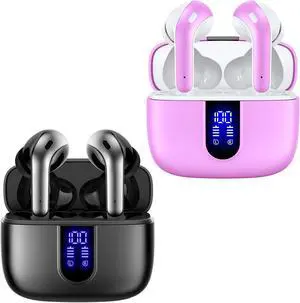 TAGRY 2 Sets X08 Sunset Pink and Black Bluetooth Headphones True Wireless Earbuds 60H Playback Ear Buds with Wireless Charging Case in-Ear Earbuds with Mic