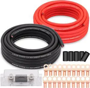 Taukealugs 4 Gauge Wire Copper Clad Aluminum CCA 50FT Black/Red with 4ga lugs,100A ANL Fuse Holder and Heat Shrink Tube - Battery Power/Ground Cable,Car Audio Speaker,RV Trailer Amp Wiring kit