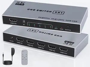8K HDMI Splitter 5 in 1 Out HDMI Switch - 4k 120Hz HDMI 2.1 Switch Box Port Expander Selector with Remote Support 3D/HDR/HDCP2.3 Vision, Compatible with PS 5/4/3 Xbox Switch DVD Player TV PC