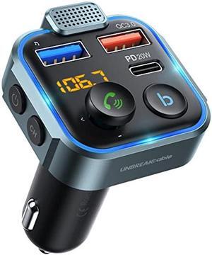 UNBREAKcable Bluetooth 5.3 FM Transmitter for Car, [PD 20W + QC 3.0] [Stronger Microphone & HiFi Bass Sound] Cigarette Lighter Radio Music Adapter Charger, Supports Hands-Free Siri Google Assistant