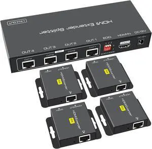VPFET HDMI Extender Splitter Up to 165ft 1 in 4 Out Over Cat5e/6/7 HDMI Repeater Balun Ethernet Sender Transmitter Receiver Support 1080p EDID Presets POC(Only Need TX Power for Work )
