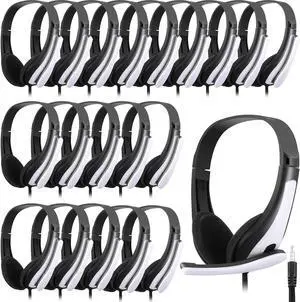 20 Pack Bulk Classroom Headphones with Microphone Students Kids Wired Headphones School Class Set Headphones for School Library Computer Office Meeting Adults 3.5 Jack Universal Plug (White)