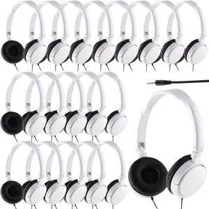 Yunsailing 18 Pack Classroom Headphones Bulk Student Wired Class Headphones Set for Kids School with Individually Wrapped Adjustable Over Ear Head Earbuds(White)