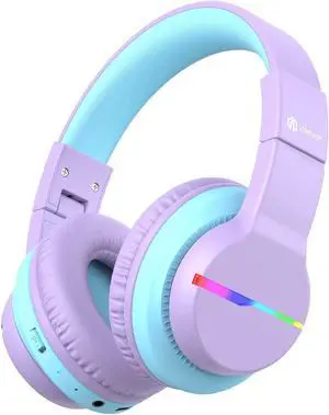 iClever BTH12 Kids Bluetooth Headphones,Colorful LED Lights Wireless Kids Headphones,74/85/94dB Volume Limited,55H Playtime,Bluetooth 5.2,Over Ear Headphones with Mic for iPad/Tablet/Traveling,Purple