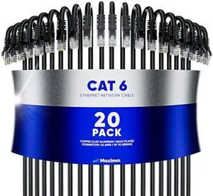 Maximm Cat 6 Ethernet Cable 8 ft (20-Pack) - High-Speed LAN Cable, Internet Cable, Patch Cable, and Network Cable - UTP, 10Gbps, 550MHz Ethernet Cord - Black