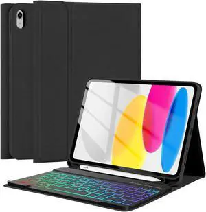 FUWANG iPad 10th Generation Case with Keyboard 10.9 inch 2022 - Detachable 7 Colors Backlit Wireless Bluetooth Folio Keyboard Case for iPad 10th Generation with Pencil Holder