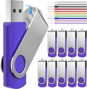 2GB USB Flash Drive Pack of 10 Thumb Drives - Bulk Pendrives 2 GB USB 2.0 Memory Stick Data Storage Jump Drive - FEBNISCTE Swivel Purple Pen Drive Metal Case Zip Drive with 10pcs Multicolor Ropes