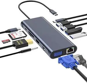 USB C Docking Station Hub (12 -in-1) with 4K 60HZ HDMI, Ethernet, VGA,Audio, USB3.0 TF/SD Dongle Docking Station Compatible for MacBook iPad Pro Dell Hp Lenovo