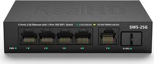 5 Port 2.5GB Ethernet Switch Unmanaged Network Switch | 5 x 2.5 Gigabit | 1 x 10G SFP+ | Multigig Switch Work with 10-100-1000Mbps | 45G Bandwidth | Plug & Play | Fanless Quiet Metal Internet Switch