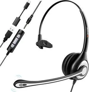 Headset wtih Mic, USB Headset with Microphone for PC, Computer Headset with Noise Canceling Microphone for Laptop, Wired Headset with Mute for Home Office Online Skype Zoom Meetings