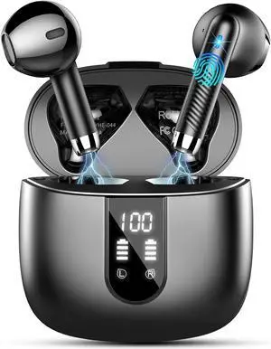 Wireless Earbuds, 2024 Bluetooth Headphones V5.3 Ear Buds Built-in ENC Noise Cancelling Mics, 40H Stereo Bass Bluetooth Earbuds with Dual LED Display, IP7 Waterproof Earphones for Android iOS, Black