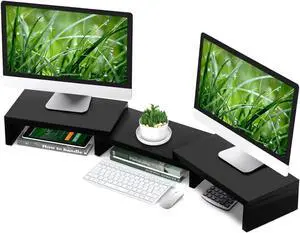 TAVR Dual Monitor Stand Riser Office Desktop Organizer Stand for 2 Monitors, Adjustable Length and Angle 3 Shelf, Extra Long Multifunctional Stand up to 48.2" fit Computer, Laptop, TV, Black