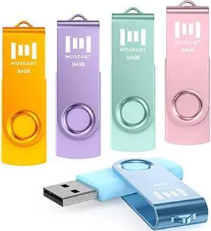 MOSDART 64GB USB Flash Drive 5 Pack, 64 GB Pastel Multicolor Multipack USB2.0 Thumb Drives, Swivel Design with LED Light, exFAT Jump Drive Memory Stick Pen Drive for Computers, Data Storage