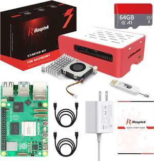 iRasptek Starter Kit for Raspberry Pi 5 RAM 4GB- 64GB Edition of OS-Bookworm Pre-Loaded(Red&White Case)