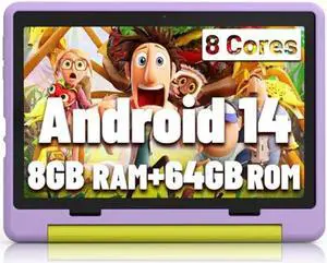 Kids Tablet|Upgraded Android 14 Tablet 10 inch for Kids with Protective Case|Octa-Core|64GB|1TB TF Card Expandable|Dual Camera|Parental Control|Pre-intalled KIDOZ|Great Gift for Toddler(Purple)