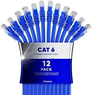Maximm Cat 6 Ethernet Cable 50 ft (12-Pack) - High-Speed LAN Cable, Internet Cable, Patch Cable, and Network Cable - UTP, 10Gbps, 550MHz Ethernet Cord - Blue