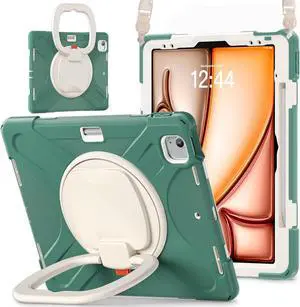 Batianda Case for iPad Air 13 inch 2024 M2 Chip Model A2898/A2899 Heavy Duty Rugged Durability Silicone Tablet Cover with 360deg Rotating Ring Foldable Kickstand & Shoulder Strap, Sea Green