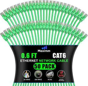 Maximm Cat 6 Ethernet Cable 0.6 ft (50-Pack) - High-Speed LAN Cable, Internet Cable, Patch Cable, and Network Cable - UTP, 10Gbps, 550MHz Ethernet Cord - Green