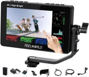 FEELWORLD F5 Prox Camera Monitor 5.5 Inch High Bright 1600 Nit Touch Screen 4K HDMI 1920 * 1080 3D LUT 5V Type-c Power Supply Full HD DSLR Field Video Monitor with Battery Tilt Arm 12V Adapter