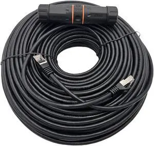 Micro Connectors 100 Feet CAT6A Industrial Outdoor-Rated Shielded Ethernet Black-Cable Kit with Waterproof Coupler (E09-100BOU-KT)