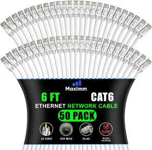 Maximm Cat 6 Ethernet Cable 6 ft (50-Pack) - High-Speed LAN Cable, Internet Cable, Patch Cable, and Network Cable - UTP, 10Gbps, 550MHz Ethernet Cord - White